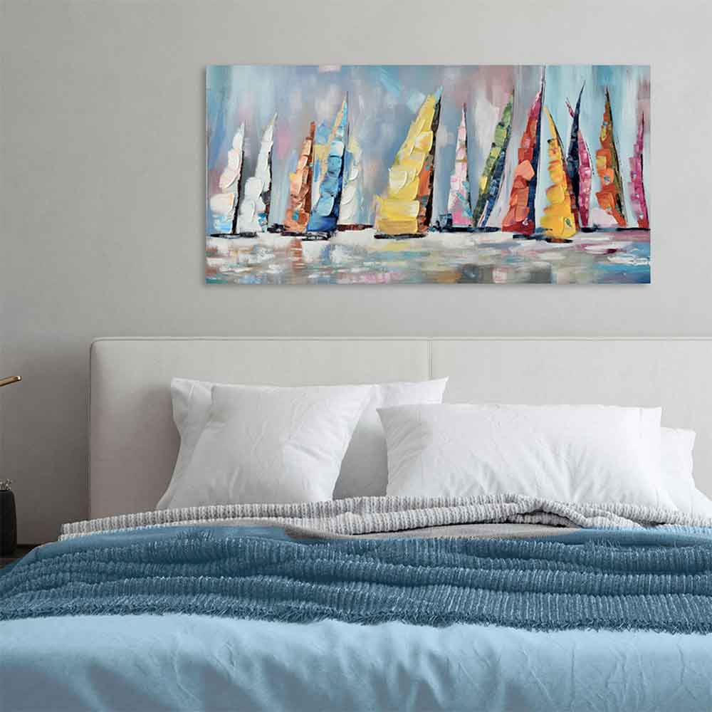 Agave - "Nuove rotte": Quadro Marino Moderno con Vele Colorate 140x70