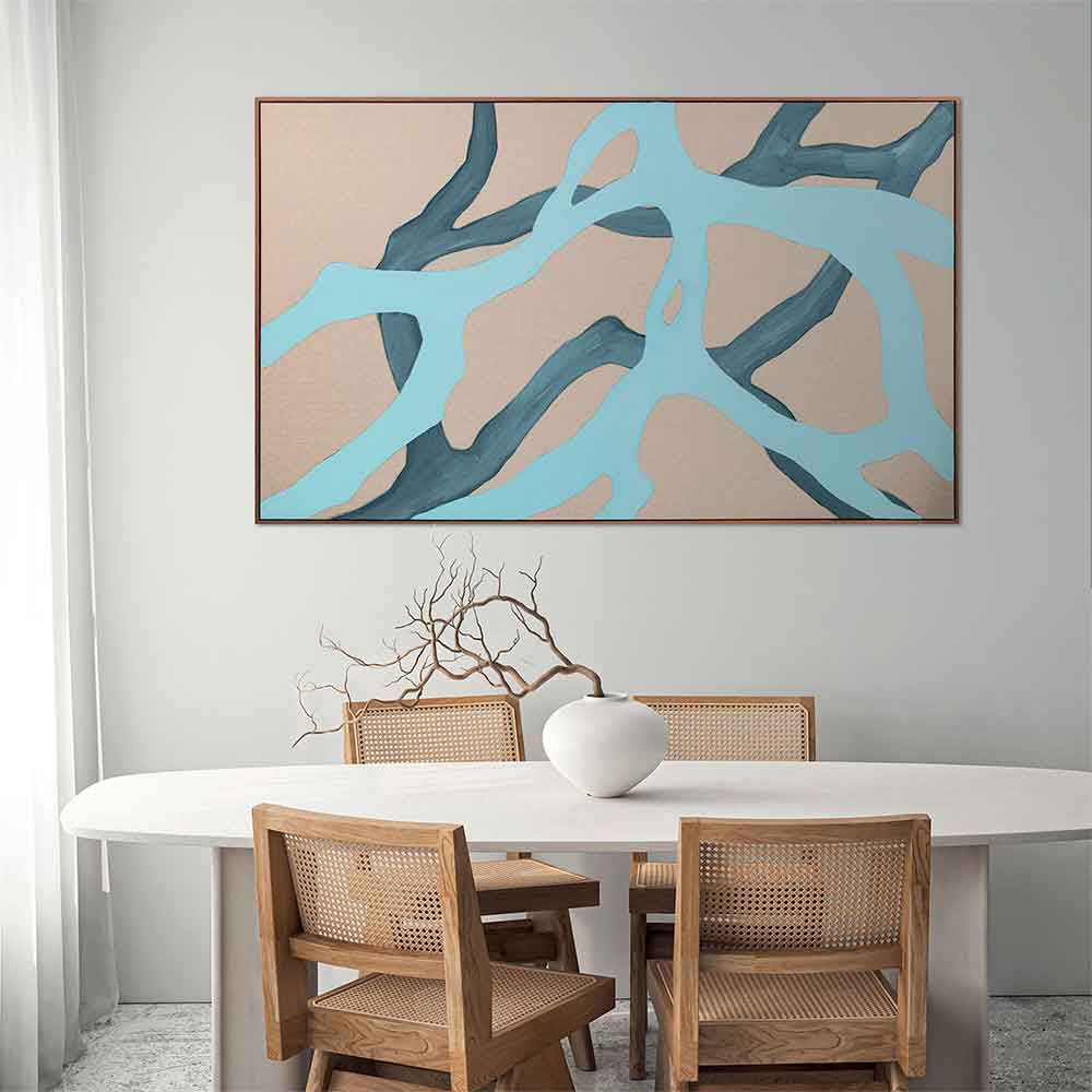 Agave - Talea 150x90: Quadro Astratto Dipinto a Mano Azzurro a Contrasto
