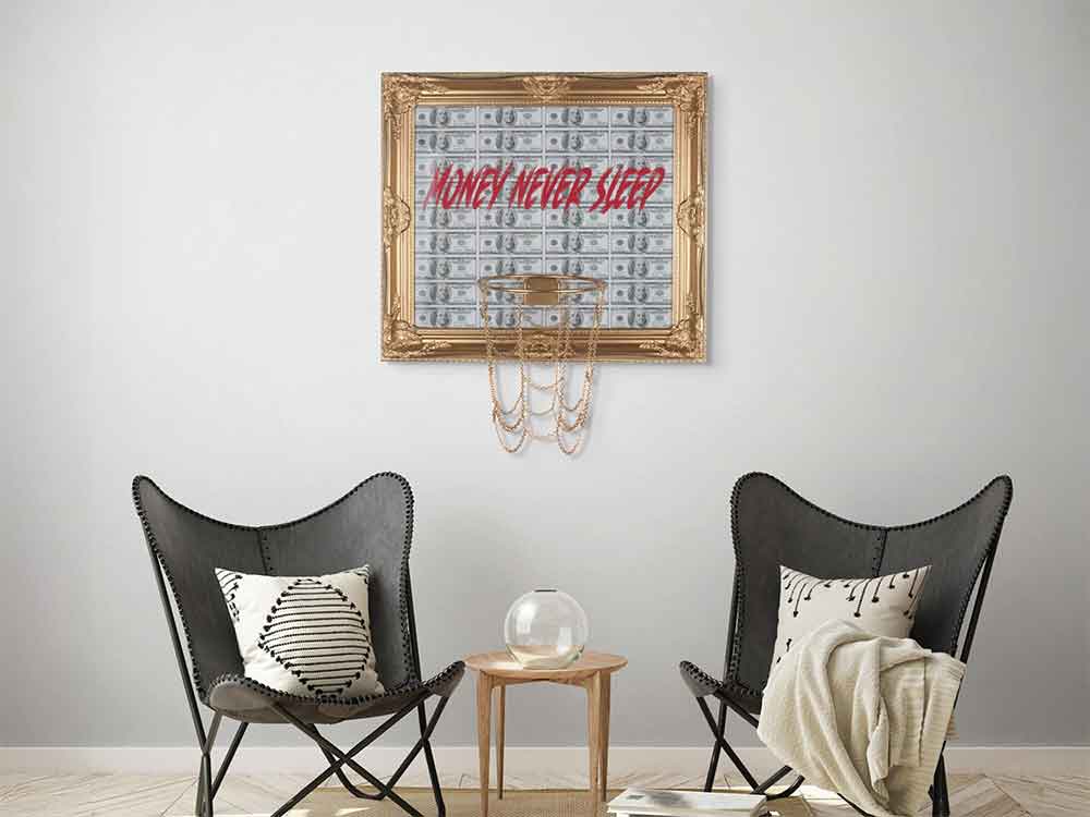 ADM BBR01004EG - Quadro Basket Money Never Sleeps Cornice Oro