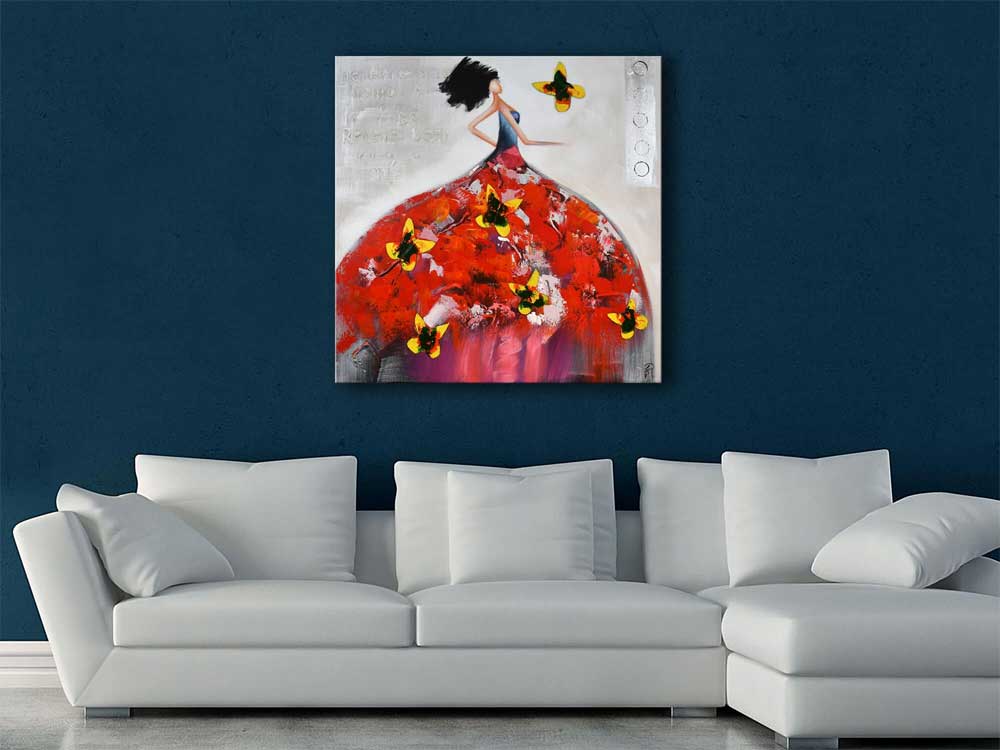 ADM Dipinto Donna Vestito Rosso con Farfalle AS363X1