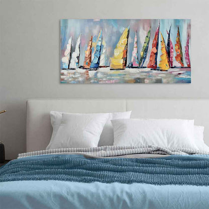 Agave - "Nuove rotte": Quadro Marino Moderno con Vele Colorate 140x70