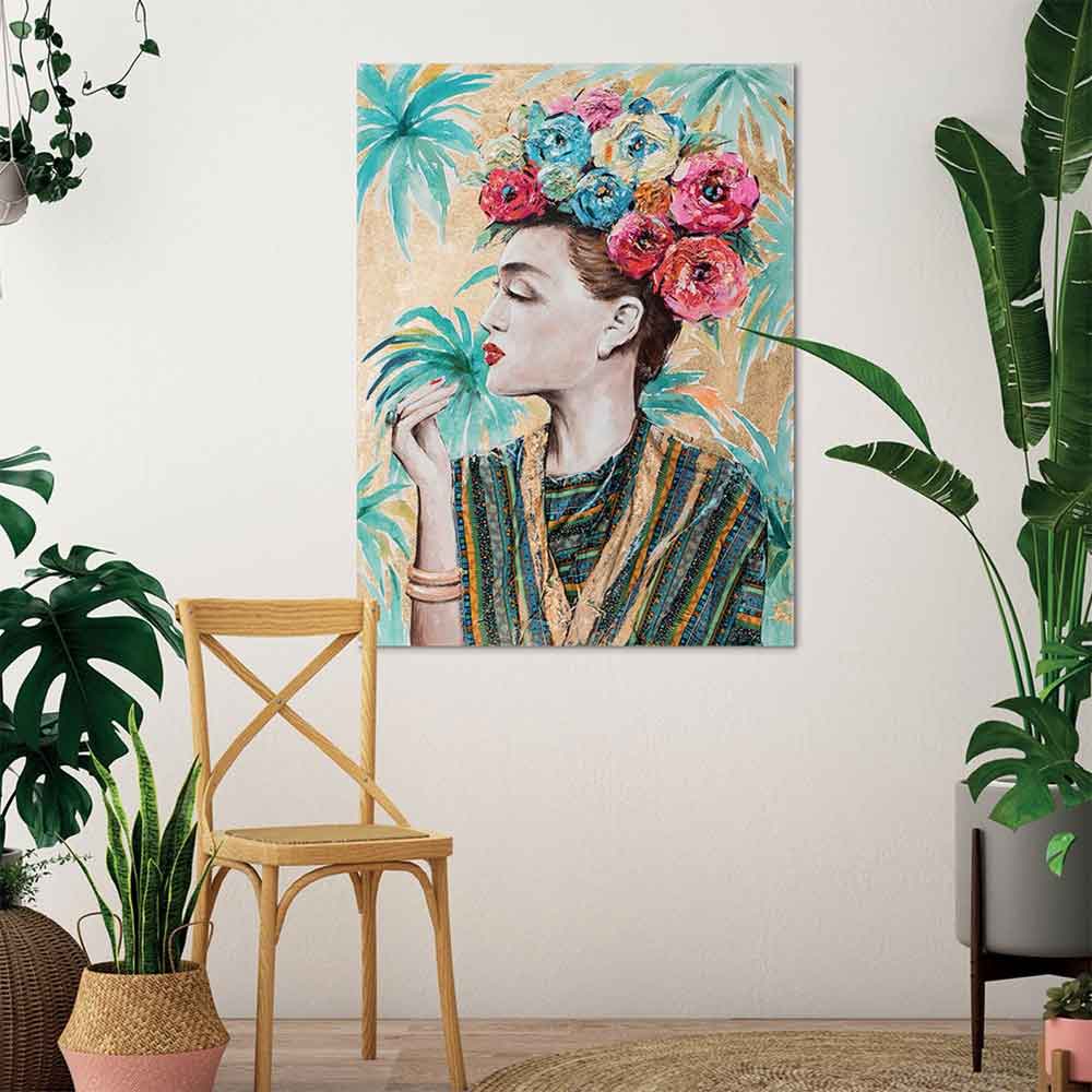 Agave | Quadro Figurativo "Tropical chic" 90x120 - Donna e Fiori Tropicali