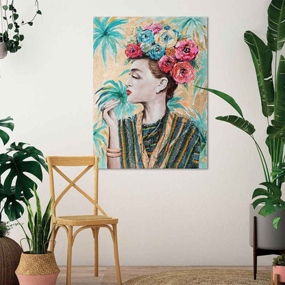 Agave | Quadro Figurativo "Tropical chic" 90x120 - Donna e Fiori Tropicali