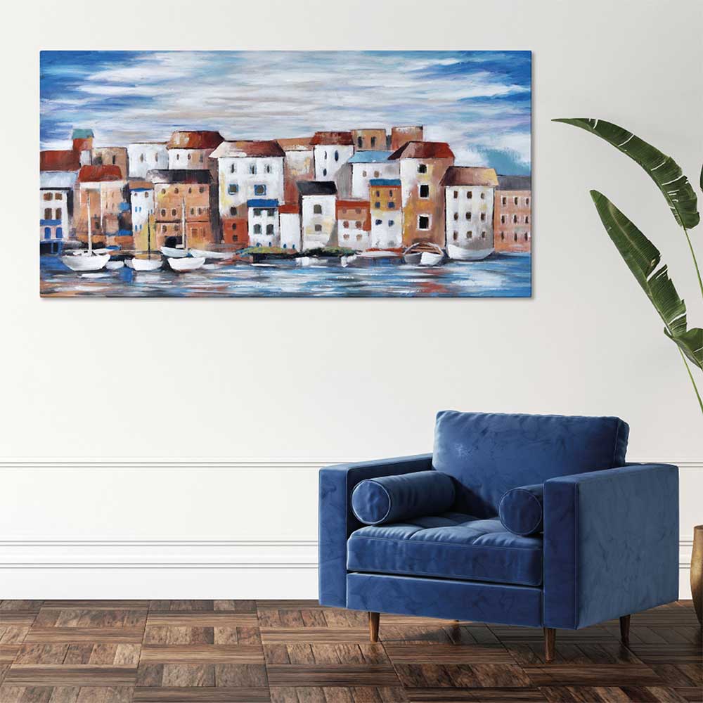 Agave - Quadro Marino "Borgo sul mare" Multicolore Dipinto a Mano