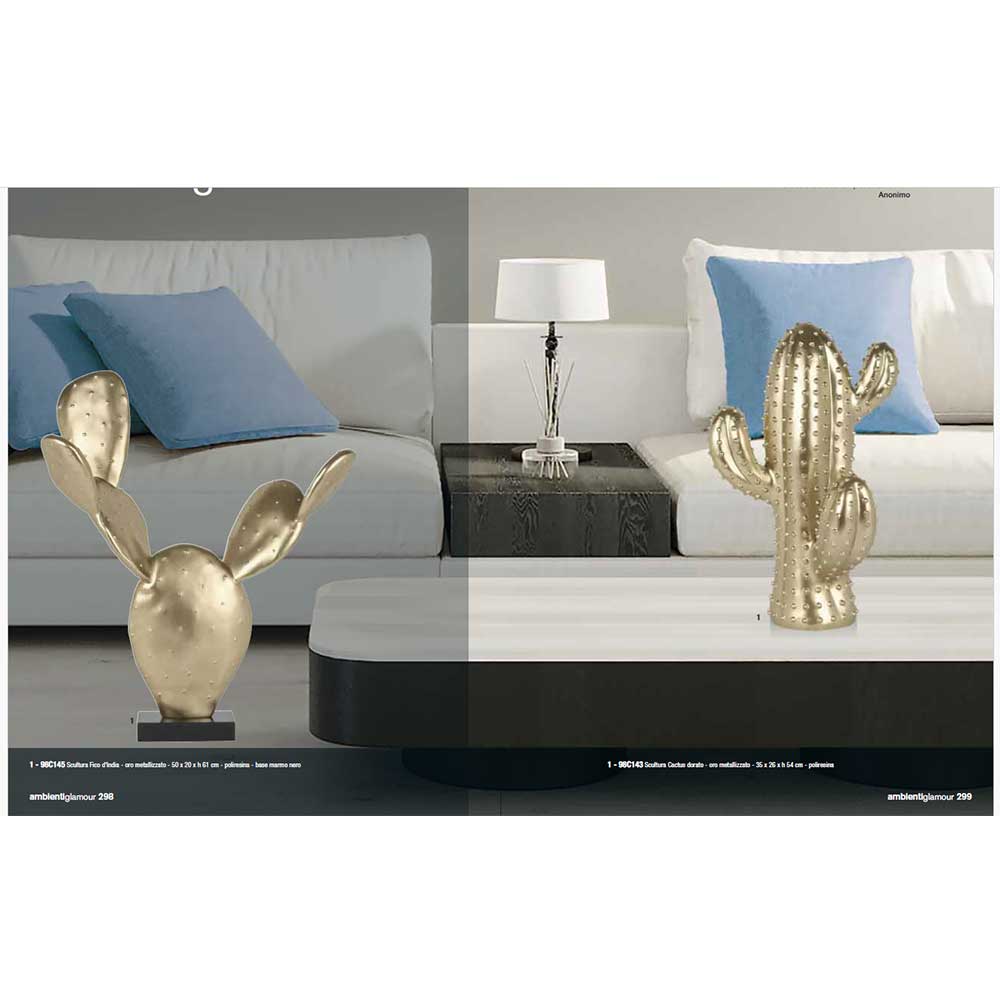 Ambienti Glamour Scultura Fico India Oro Metallizzato H 61 cm Base Marmo Nero
