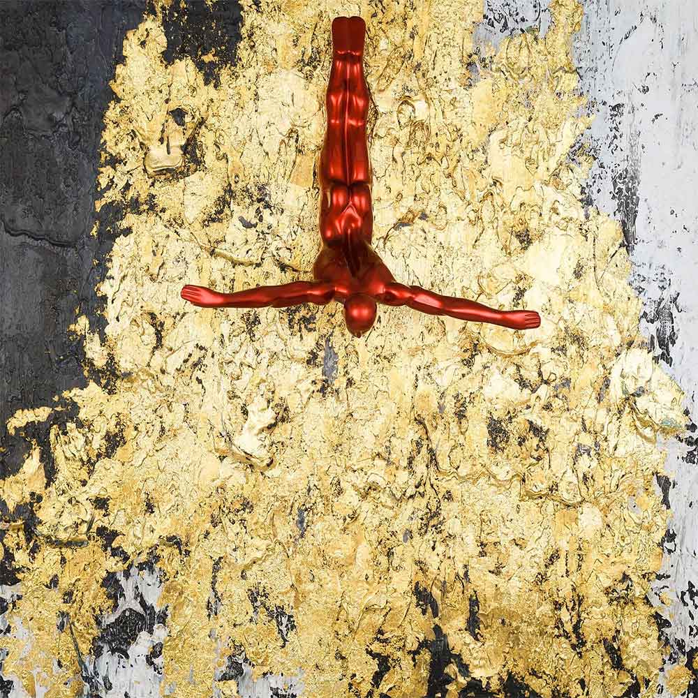 Quadro 3D con Scultura da Parete | Tuffatore su Tela Oro | ADM