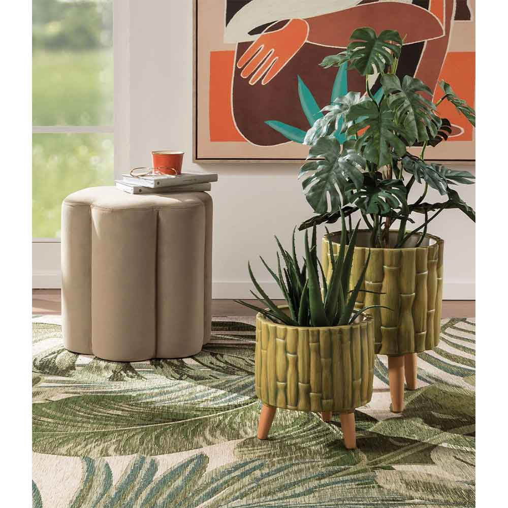 L'Oca Nera Cache-Pot Basso Ceramica e Legno, Stile Jungle Ethno Chic 1S138