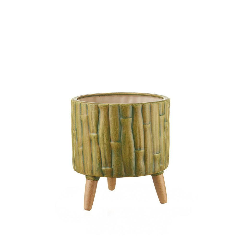 L'Oca Nera Cache-Pot Basso Ceramica e Legno, Stile Jungle Ethno Chic 1S138