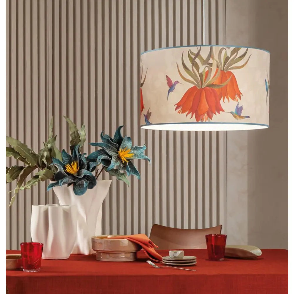 Paralume Sospensione Cilindrico Tessuto Colibrì | L'Oca Nera