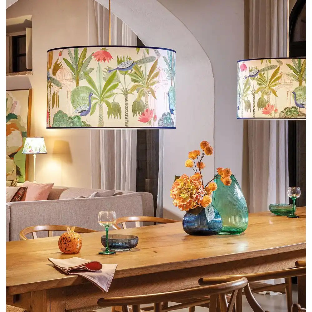 Paralume Sospensione Cilindrico Tessuto Stampa Pavoni | L'Oca Nera