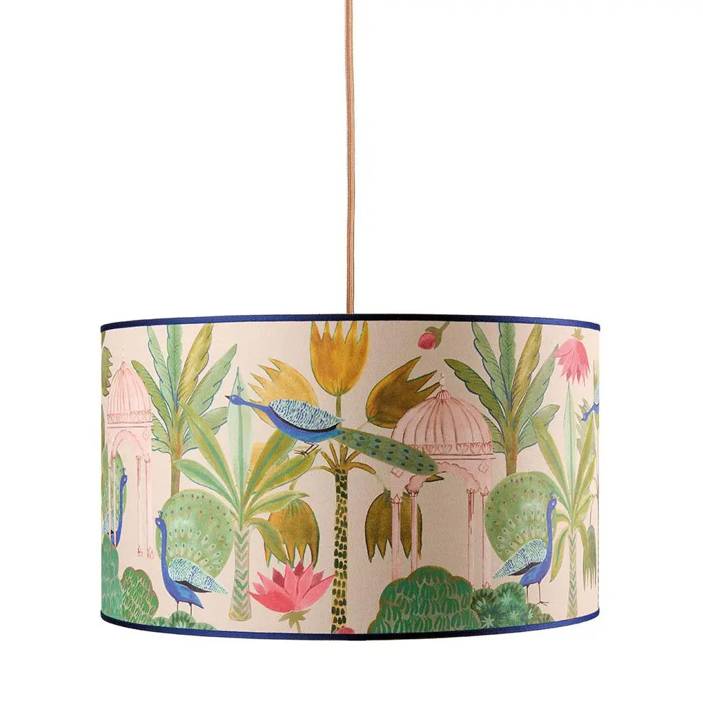 Paralume Sospensione Cilindrico Tessuto Stampa Pavoni | L'Oca Nera