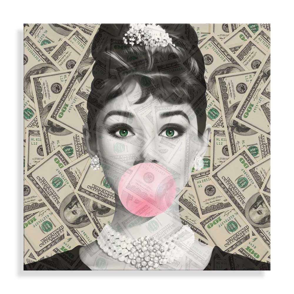 Quadro Acrilico Audrey con Dollari | Stampa Retrostampata | ADM