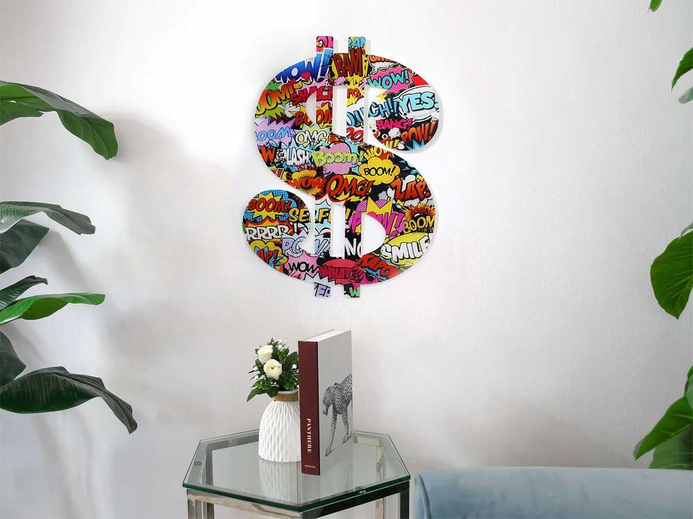 Pannello in Plexiglass Pop Art | Simbolo Dollaro Decorato a Mano | ADM