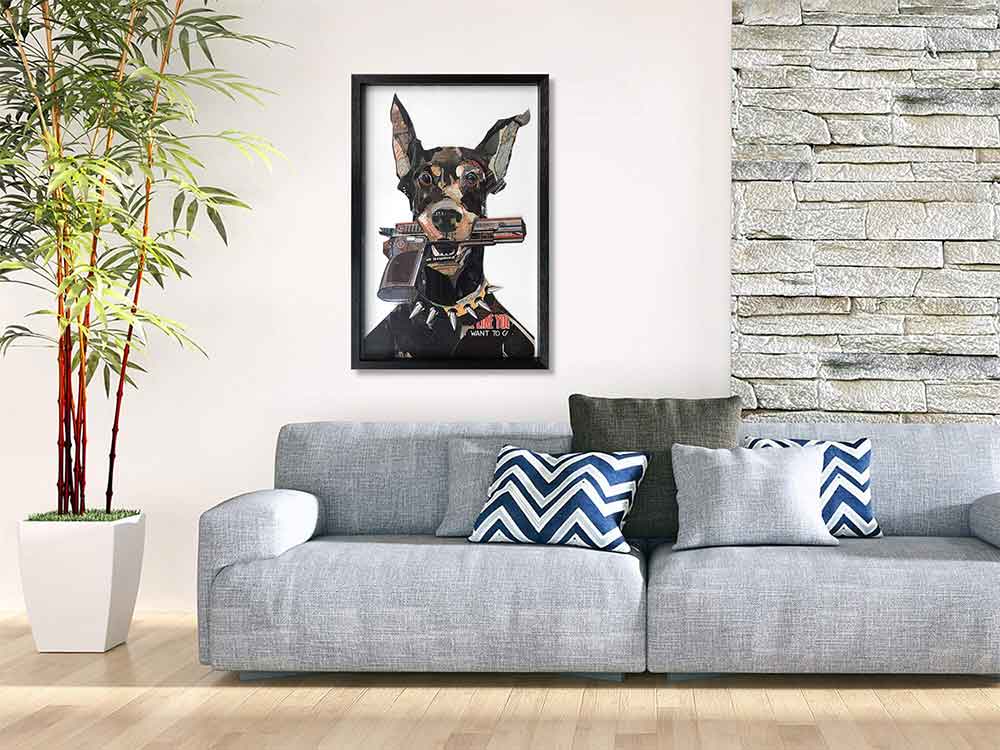 ADM Quadro Collage Dobermann con Pistola in Bocca SA034A1