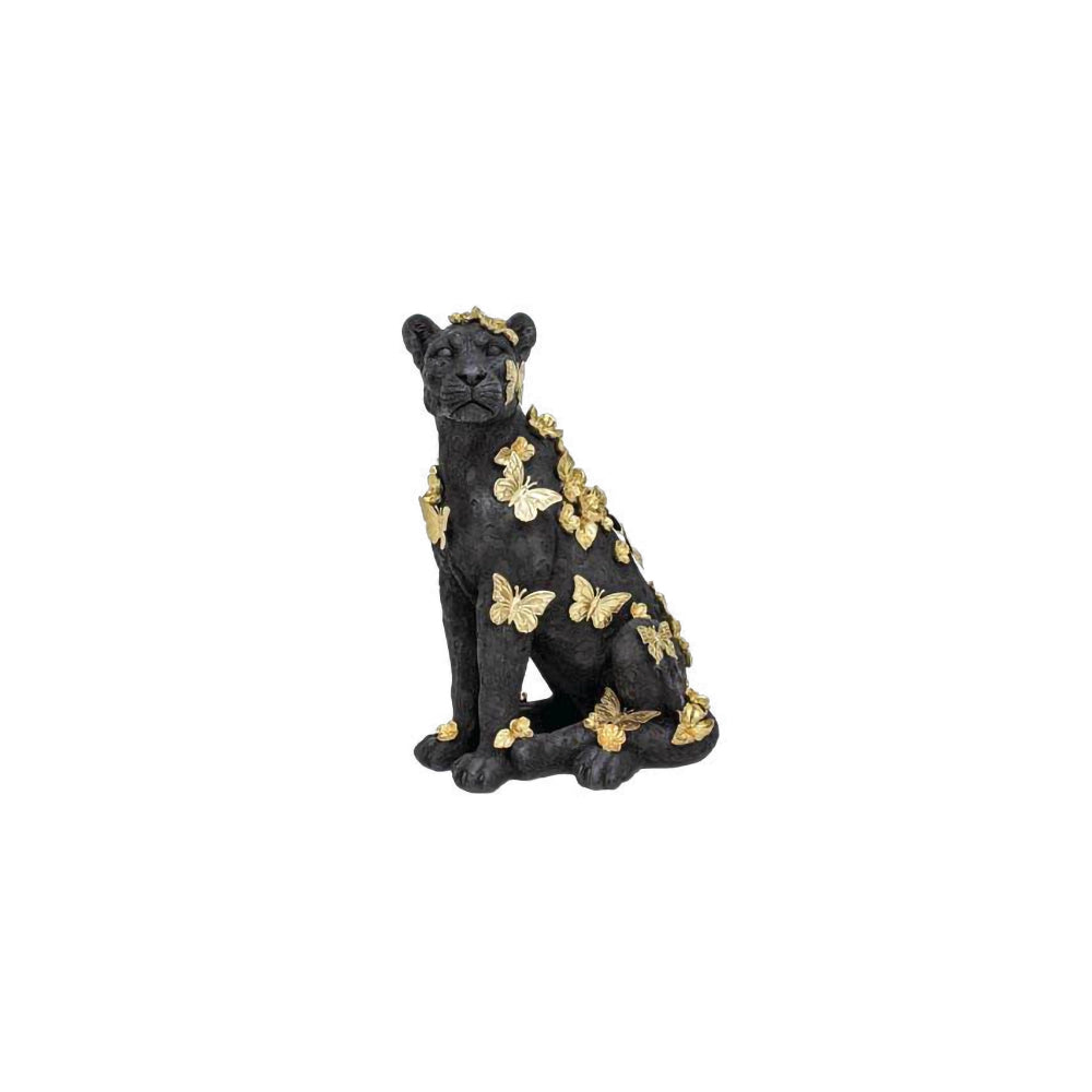 Scultura Sitting Leopard and Butterflies 40,5cm | Nero e Oro | Ambienti Glamour