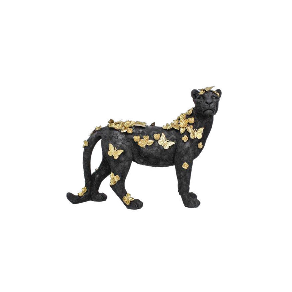 Scultura Standing Leopard and Butterflies 43cm | Nero e Oro | Ambienti Glamour