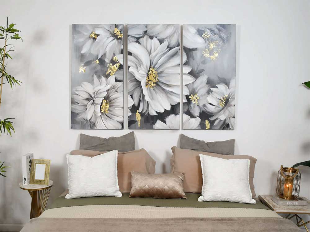 Trittico Floreale Moderno | Margherite Dipinte a Mano | ADM