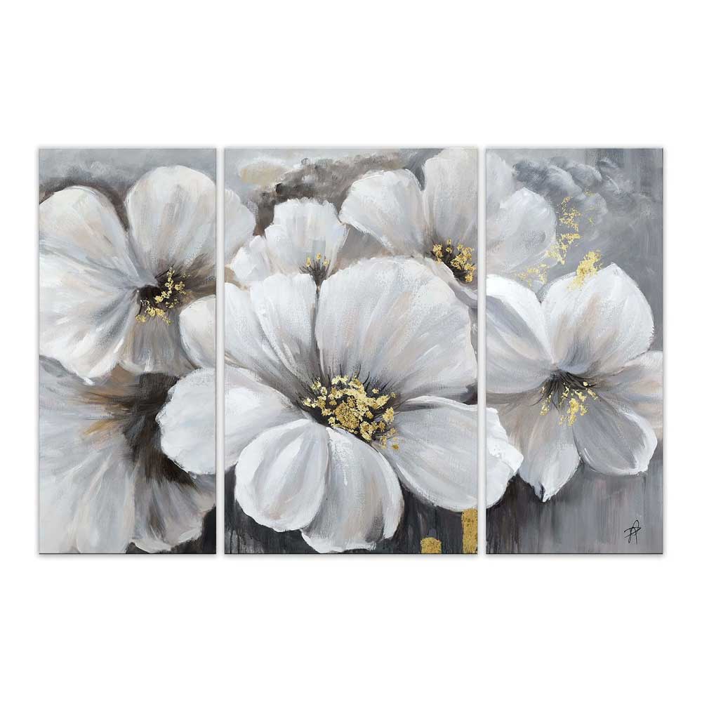 Trittico Floreale Moderno | Peonie Bianche Dipinte a Mano | ADM