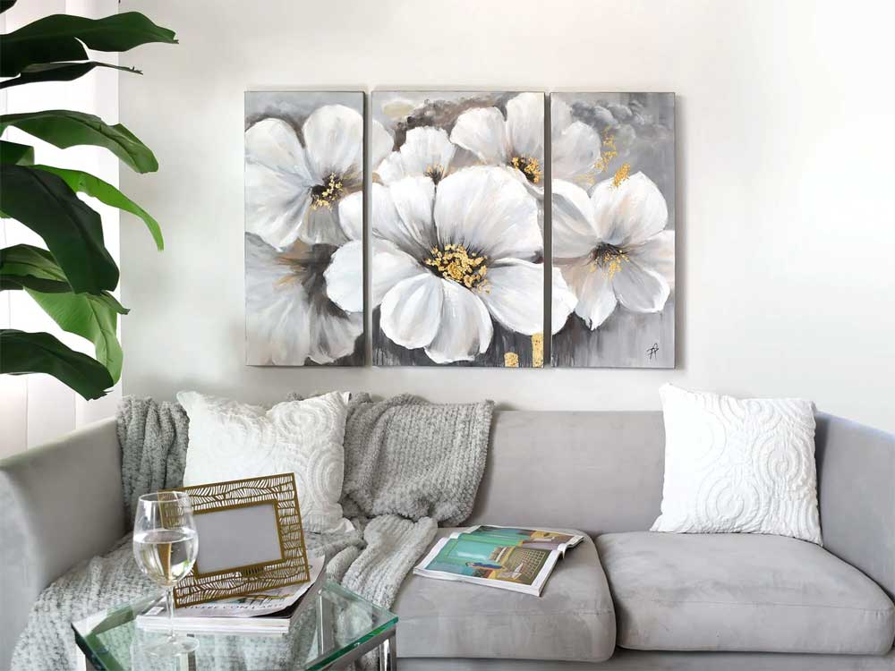 Trittico Floreale Moderno | Peonie Bianche Dipinte a Mano | ADM