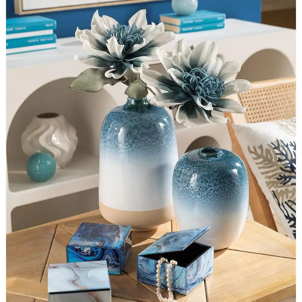 Vaso Basso Ceramica Sfumatura Bianco Blu Mediterraneo | L'Oca Nera