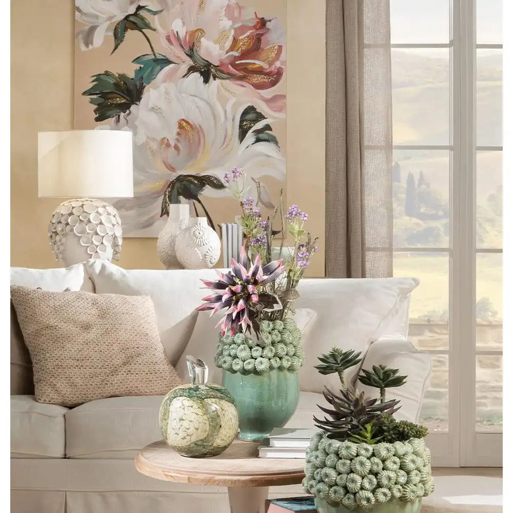 Vaso Basso Gres Decoro Collo Floreale Modern Country | L'Oca Nera