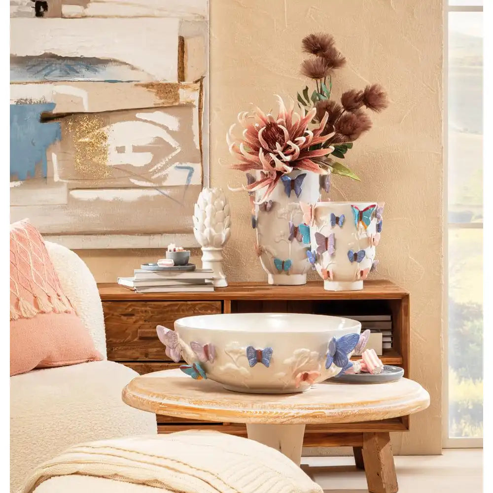 Vaso Basso Gres Decoro Farfalle Modern Country | L'Oca Nera